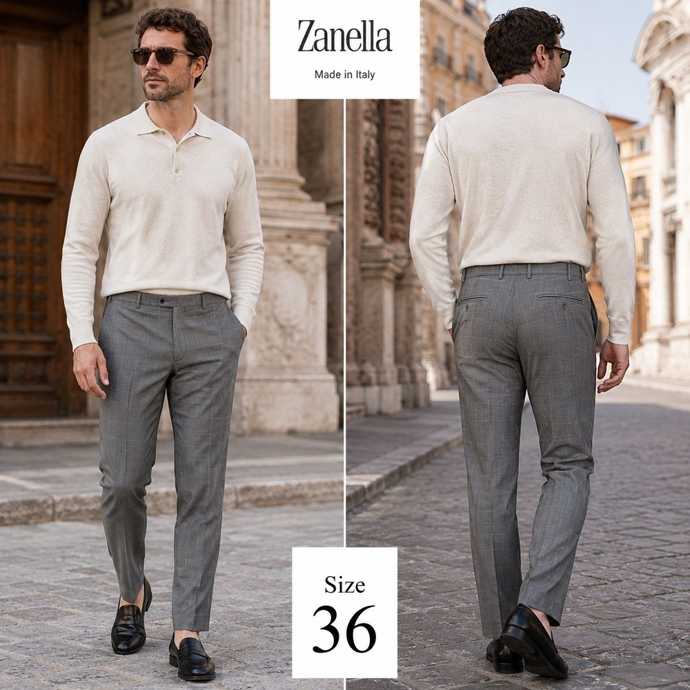 Zanella Todd Mens 36 Grey Windowpane Plaid Wool Dress Pants Trousers Made Italy‎